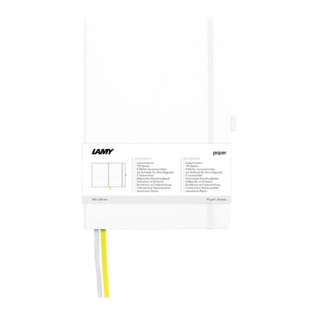 Lamy A5 Soft Cover Notebook in White with 192 ruled pages, pen loop, bookmarks, and elegant design for journaling and note-taking.