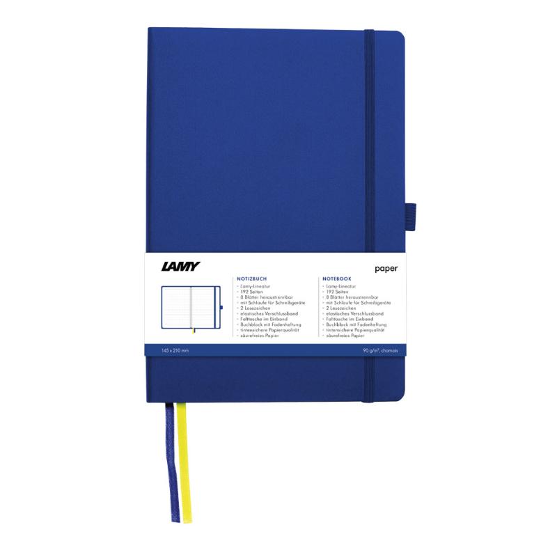 Lamy A5 soft cover notebook in blue, featuring 192 ruled pages, bleedproof paper, two bookmarks, and a durable elastic closure.