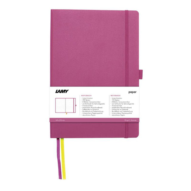 Lamy A5 Soft Cover Notebook in pink with 192 pages, pen loop, bookmarks, and bleedproof paper for stylish note-taking.