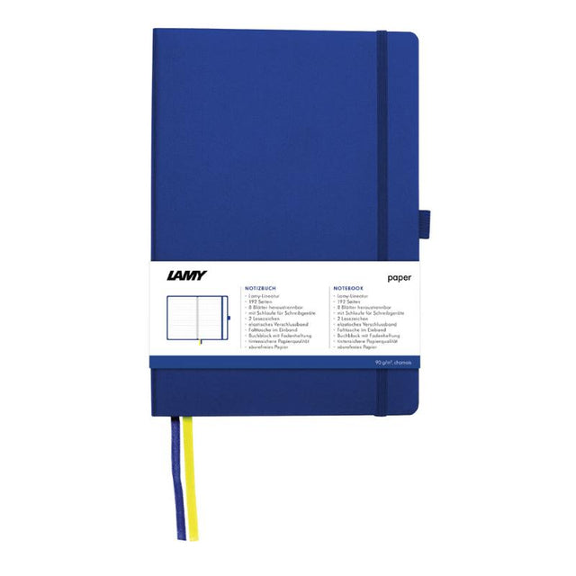 Lamy A6 Soft Cover Notebook in blue, featuring 192 pages of bleedproof paper, pen loop, detachable sheets, and dual bookmarks.