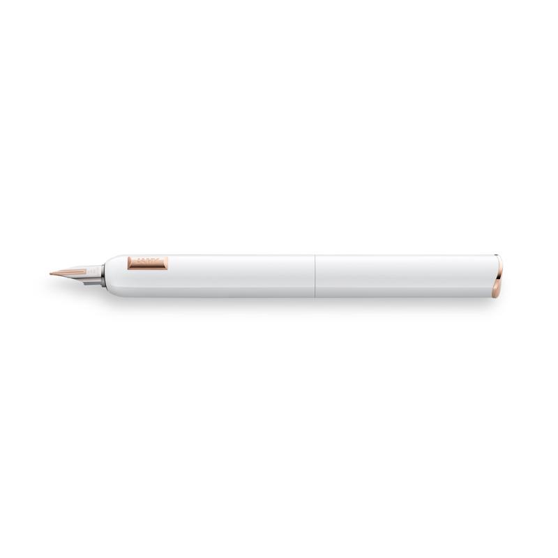 Lamy Dialog cc Fountain Pen in white with extra fine nib, featuring a twist mechanism and elegant rose gold details.