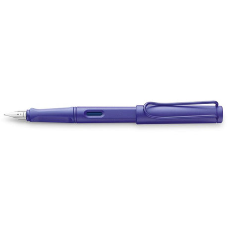 Violet Lamy Safari Fountain Pen with extra fine nib, ergonomic grip, and non-fade ABS body, ideal for detailed writing.