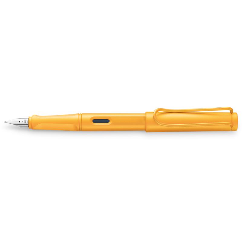 Lamy Safari Fountain Pen in vibrant Mango, features ergonomic grip and polished steel extra fine nib for smooth writing.