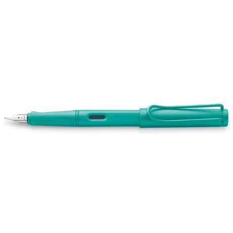 Aquamarine Lamy Safari Fountain Pen with ergonomic design, extra fine nib, and durable ABS plastic body.