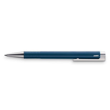 Lamy Logo M+ Ballpoint in indigo, featuring sleek design, spring-loaded clip, and smooth writing performance.