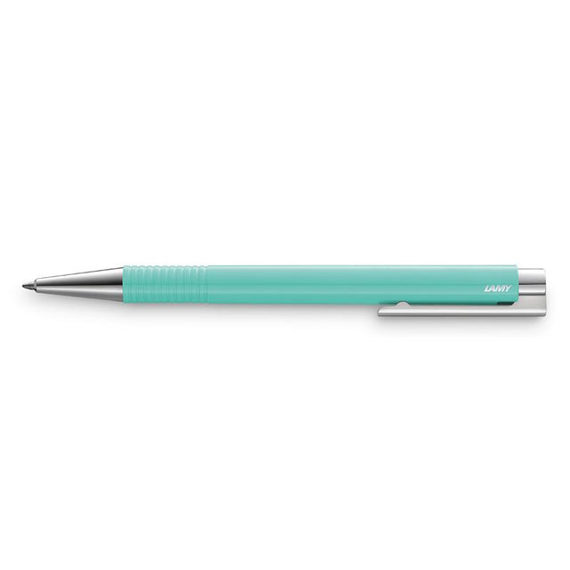 Lamy Logo M+ Ballpoint in vibrant lagoon color, featuring a stylish design, spring-loaded clip, and pressure mechanism.