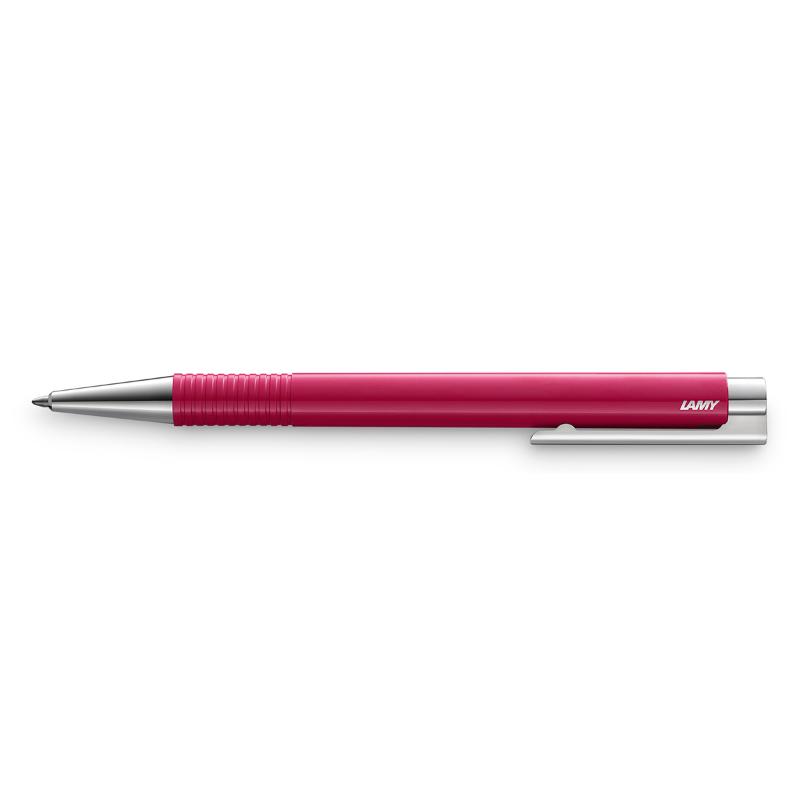 Lamy Logo M+ Ballpoint in vibrant raspberry, featuring a sleek design, spring-loaded clip, and smooth writing experience.