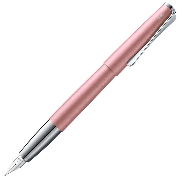 Lamy Studio Fountain Pen in rose matt, featuring a torpedo shape, polished steel nib, and unique chrome clip.