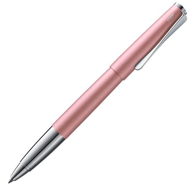 Lamy Studio Rollerball Pen in rose matt finish with propeller-shaped clip, designed for elegance and smooth writing.