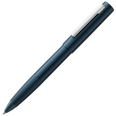 Lamy Aion Rollerball Pen in deep dark blue, featuring a sleek aluminum body, high-gloss clip, and smooth black ink for elegant writing.