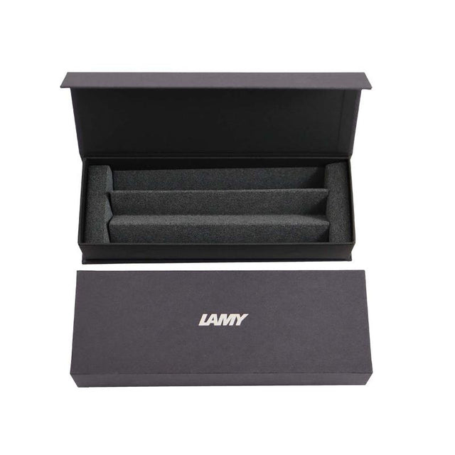 Lamy Premium Gift Box Black showcasing a fountain pen, rollerball pen, and notebook in an elegant black packaging.