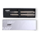Lamy Logo Gift Set 006/206 features two brushed stainless steel pens in an elegant box, perfect for stylish writing and gifting.