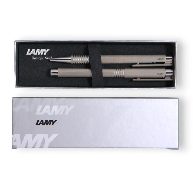 Lamy Logo Gift Set 006/206 features two brushed stainless steel pens in an elegant box, perfect for stylish writing and gifting.