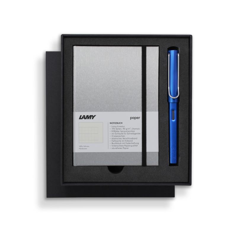 Elegant Lamy Notebook Fountain Pen Gift Set featuring an ocean blue pen and hardcover notebook with gilt pages and pen loop.