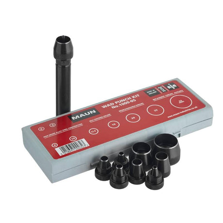 Maun Wad Punch Kit 9Pc with 9 metric punches, durable steel, self-centering holder for precise crafting and repairs.