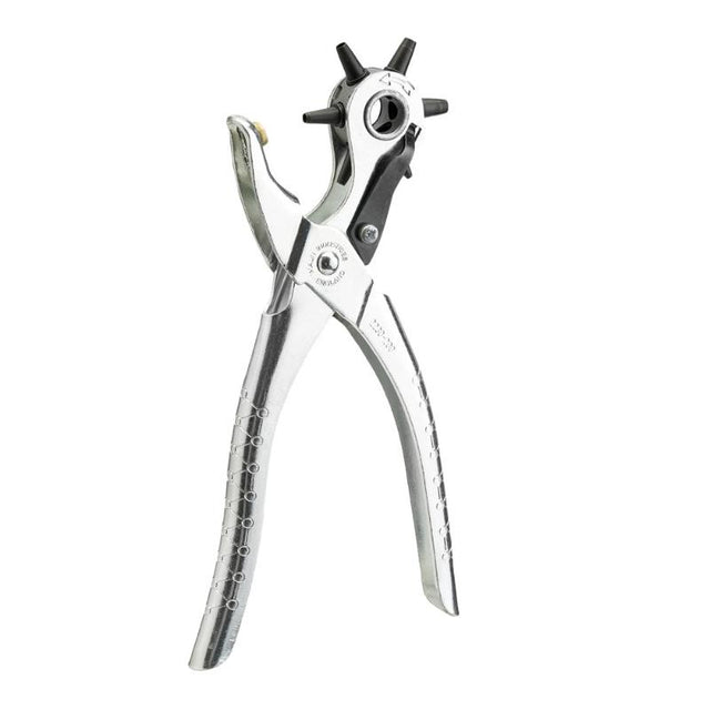 High-quality Maun Revolving Plier Punch with six adjustable holes, perfect for precise leather and cardstock crafting.