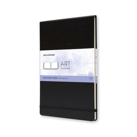 Moleskine A4 Black Watercolour Album with durable cover, 200 gsm pages, elastic closure, and expandable pocket for artists on the go.