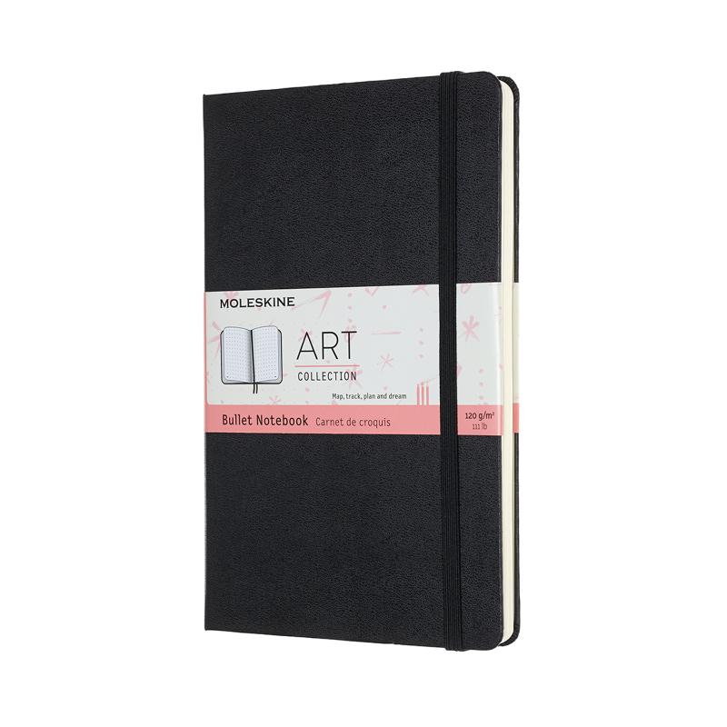 Moleskine Art Bullet Journal in black with 120 gsm ivory dotted pages, elastic closure, and expandable pocket for creative organization.