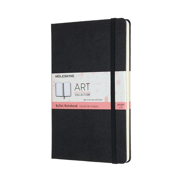 Moleskine Art Bullet Journal in black with 120 gsm ivory dotted pages, elastic closure, and expandable pocket for creative organization.