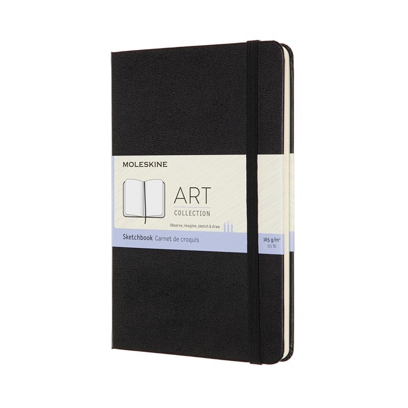 Moleskine Art Sketchbook in black, featuring 165 gsm acid-free paper, elastic closure, expandable pocket, and lies flat for easy drawing.