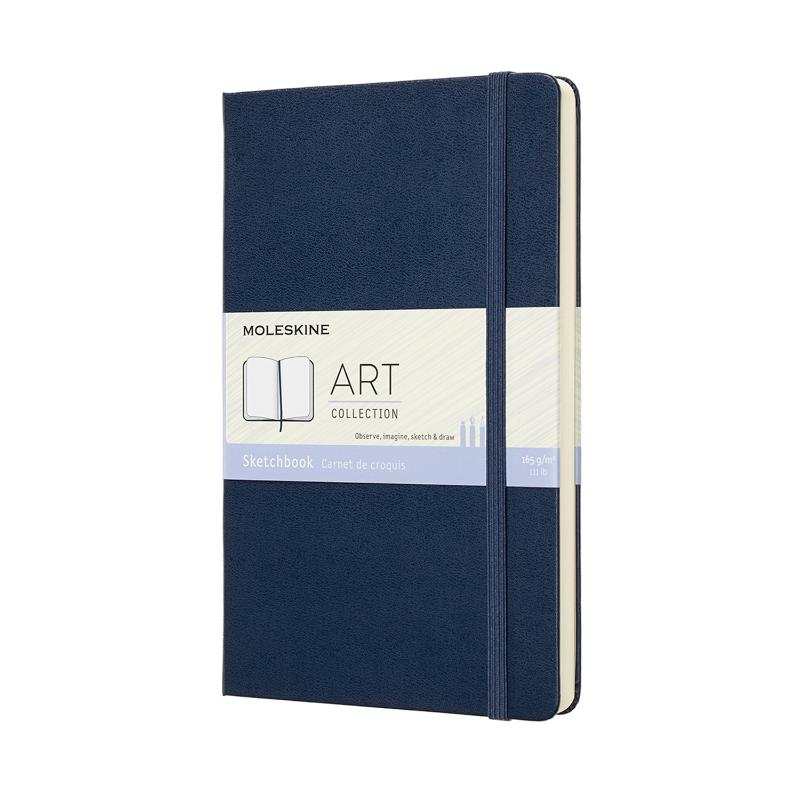 Moleskine Art Sketchbook in Sapphire Blue, featuring 165 gsm ivory paper, elastic closure, and expandable pocket for artists.