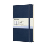 Moleskine Art Sketchbook in Sapphire Blue, featuring 165 gsm ivory paper, elastic closure, and expandable pocket for artists.