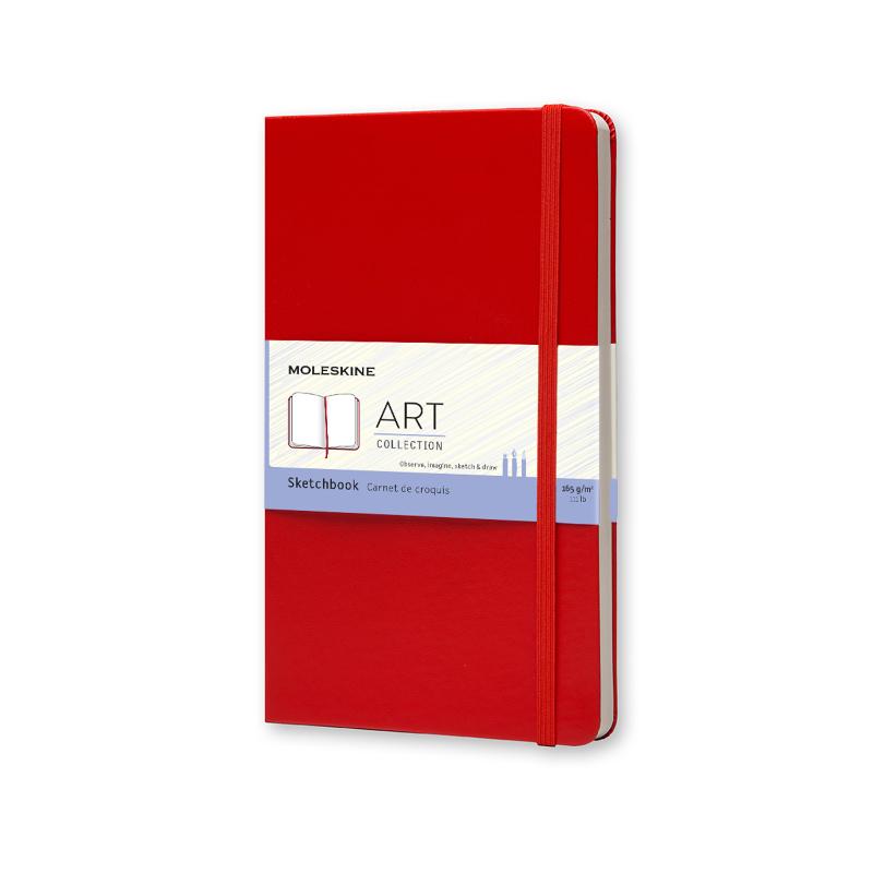 Moleskine Art Sketchbook in scarlet red, featuring high-quality paper, hard cover, and elastic closure for artists on the go.