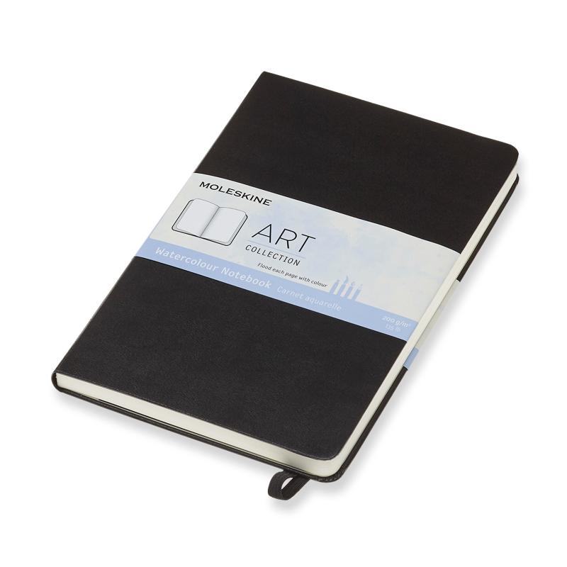 Large black Moleskine watercolor sketchbook with 200 g/m² paper, perfect for detailed portrait painting and artistic expression.