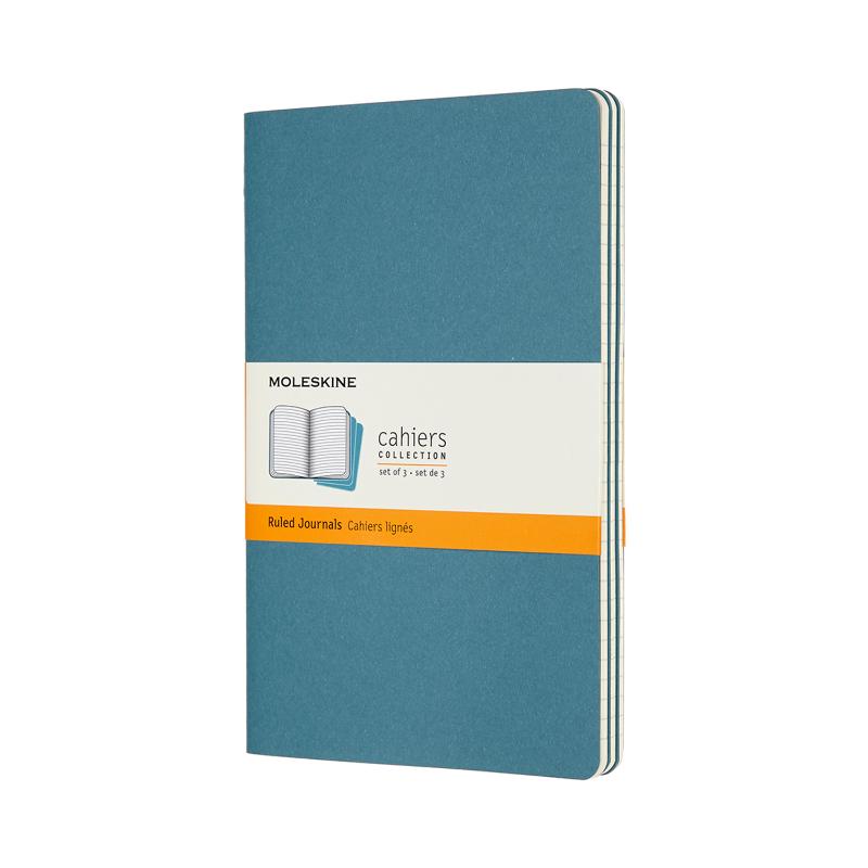 Moleskine Cahier Journals in Brisk Blue, pack of 3, featuring custom covers, detachable pages, and durable stitching.