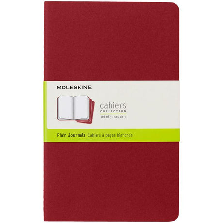 Large pack of 3 Moleskine Cahier Journals in cranberry red with customizable covers and detachable sheets for creative note-taking.