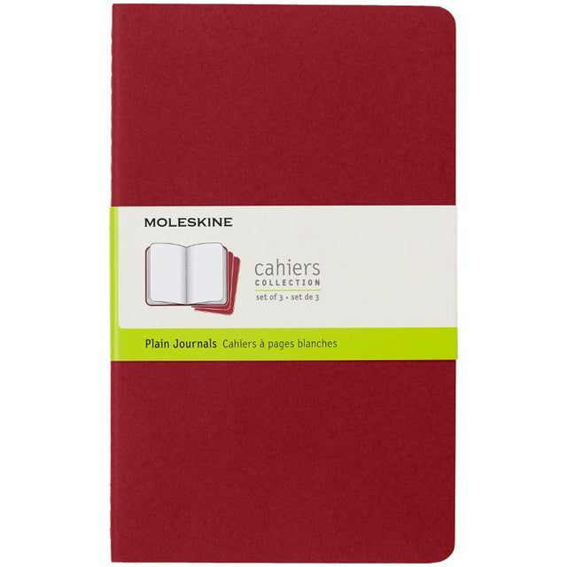 Large pack of 3 Moleskine Cahier Journals in cranberry red with customizable covers and detachable sheets for creative note-taking.