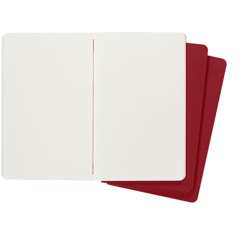 Set of 3 large Moleskine Cahier Journals in cranberry red with customizable covers and detachable pages for notes and ideas.