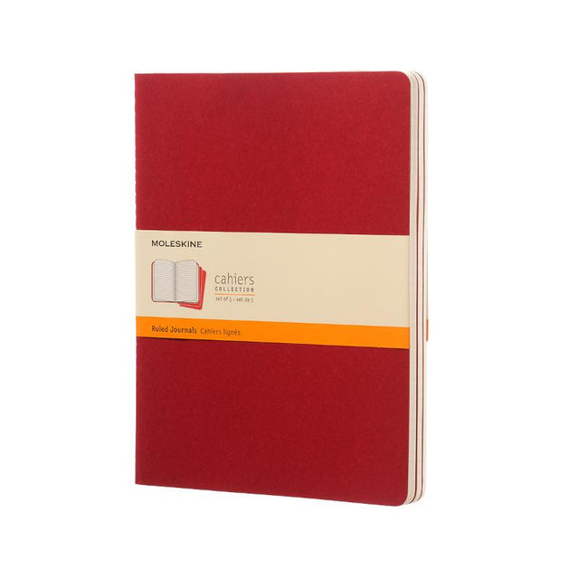 Pack of 3 Moleskine Cahier Journals in Cranberry Red, featuring ruled pages, customizable covers, and detachable notes.