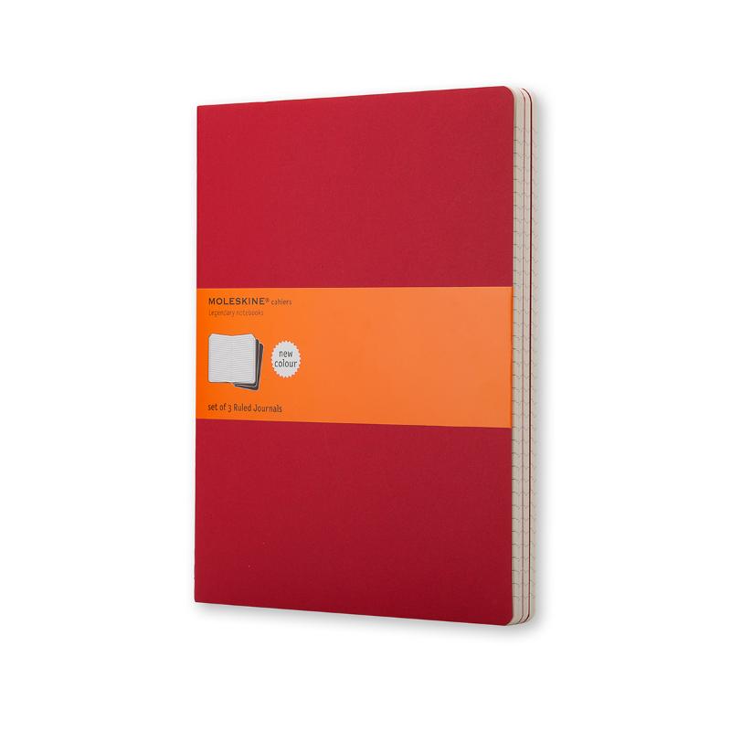 Pack of 3 Moleskine Cahier Journals in Cranberry Red, featuring ruled pages, customizable covers, and durable design.