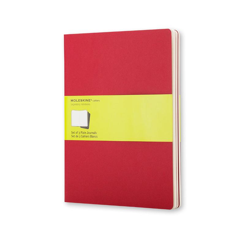 Moleskine Cahier Journals in cranberry red, pack of 3, featuring customizable covers, rounded corners, and detachable pages.