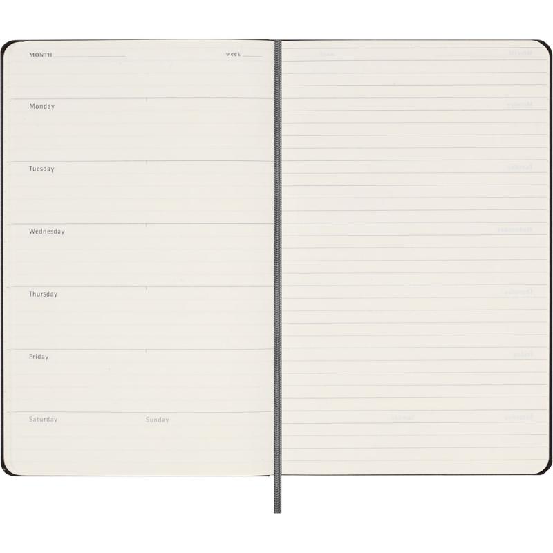 Sleek black Moleskine undated planner with ivory pages, customizable dividers, and elastic closure for stylish organization.