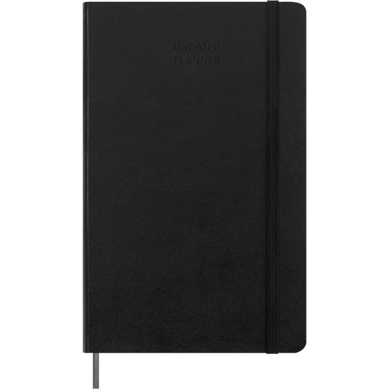 Moleskine undated large black diary with ivory pages, elastic closure, customizable dividers, and a matching ribbon bookmark.