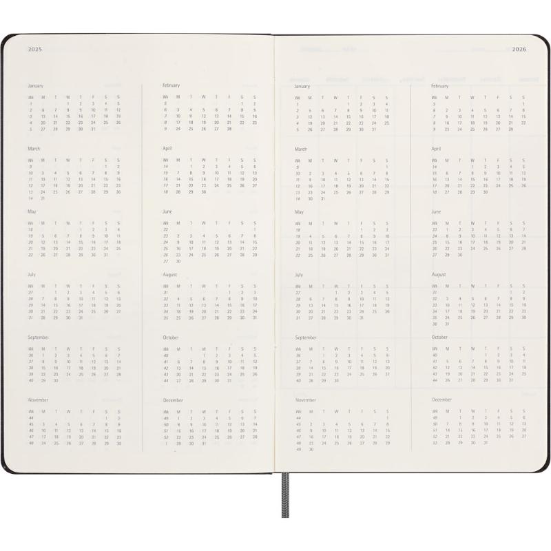 Moleskine large undated black planner with ivory pages, elastic closure, bookmarks, and customizable month dividers.