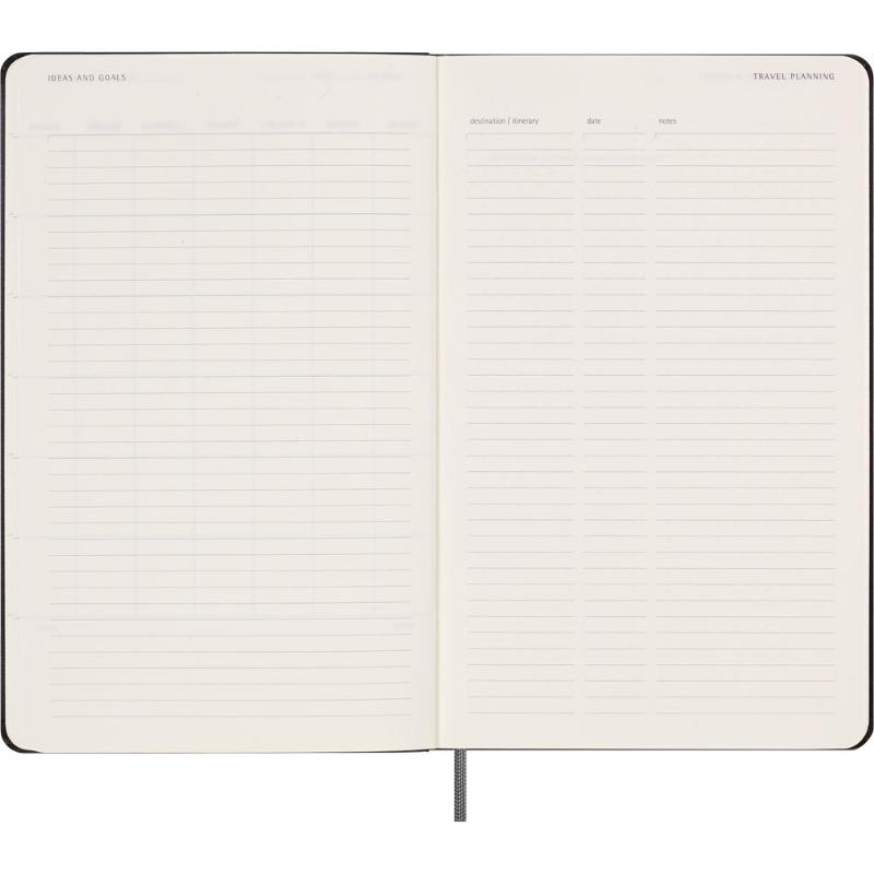 Moleskine Diary Undated Weekly + Notes in black, featuring ivory pages, customizable dividers, and an elastic closure.