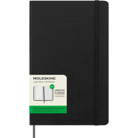 Moleskine Undated Weekly Planner in Black, large size, featuring ivory pages, customizable dividers, and elastic closure.