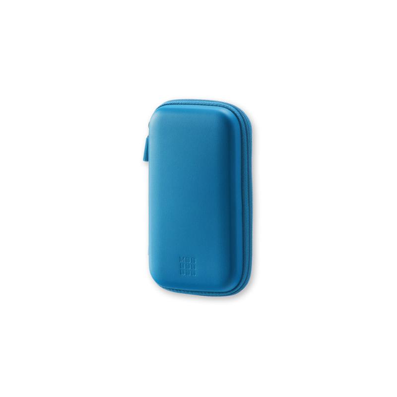 Moleskine Journey Pouch in blue, a water-resistant accessory with elastic bands and wrist strap for organized travel.