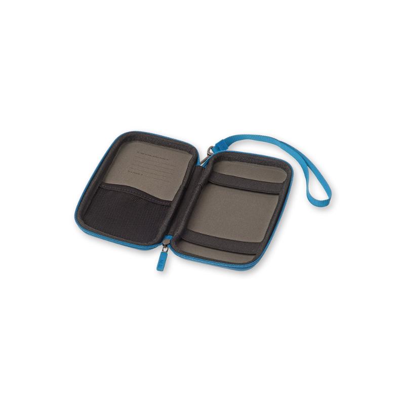 Compact blue Moleskine Journey Pouch with water-resistant EVA, zipper closure, and elastic bands for organizing gadgets.