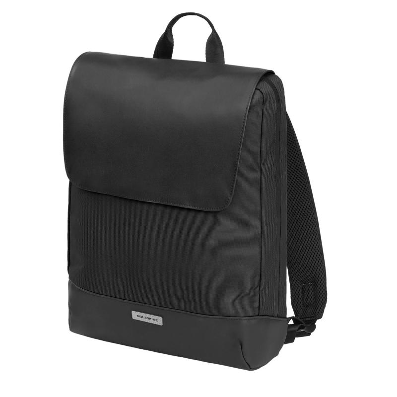 Moleskine Metro Slim Backpack in black, featuring sleek design, laptop compartment, and breathable air-mesh back for comfort.