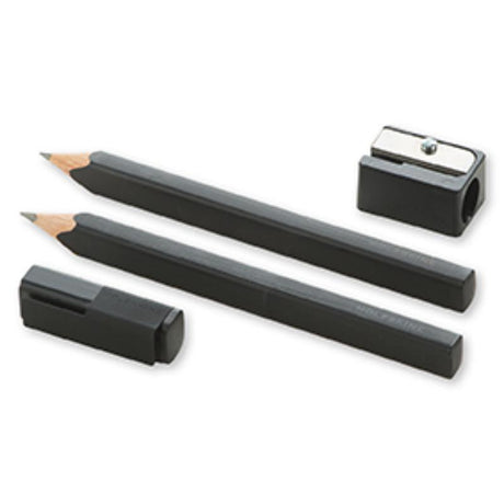 Moleskine Black Pencil Set featuring cedar wood pencils, 2B lead, and a sharpener with a sleek matte black finish.