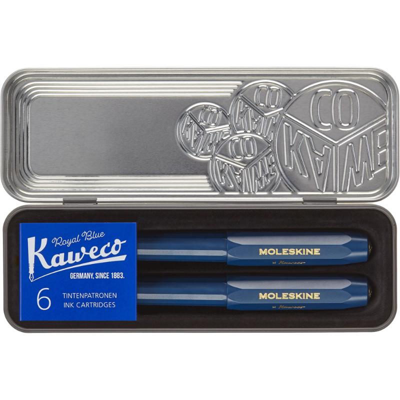 Elegant blue Moleskine Kaweco Ballpoint and Fountain Pen Set, perfect for writers and artists seeking quality stationery.