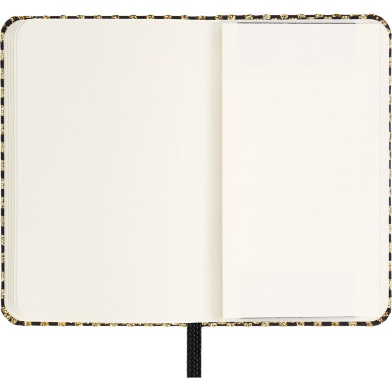 Gold Moleskine LE Shine Notebook XS with hard cover, elastic closure, and ivory paper, elegantly packaged in a gift box.