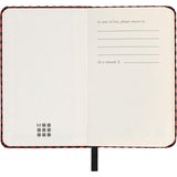 Moleskine XS Metallic Red Notebook with hard cover, elastic closure, bookmark, and acid-free paper, presented in a gift box.