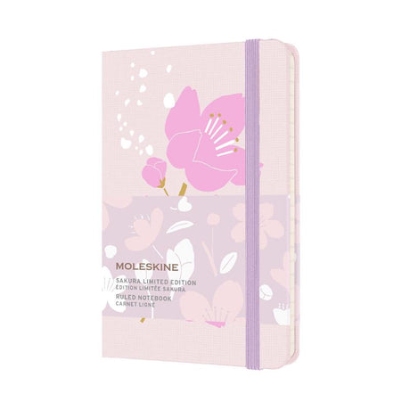 Moleskine Sakura pocket notebook with cherry blossom design, ruled pages, elastic closure, and expandable inner pocket.