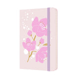 Moleskine Sakura Pocket Notebook with pink, white, and lilac cherry blossom design, ruled pages, elastic closure, and expandable pocket.