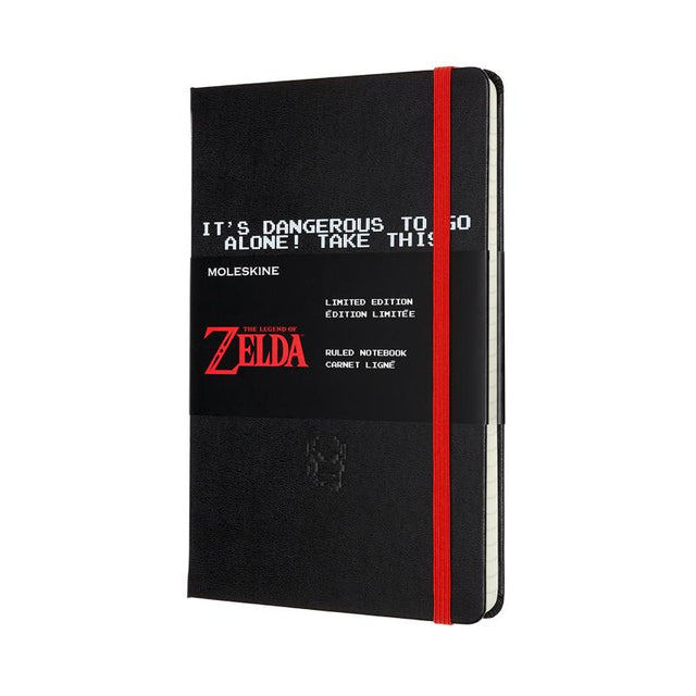 Moleskine Zelda notebook with vibrant artwork, ruled pages, elastic closure, and themed stickers for creative adventures.